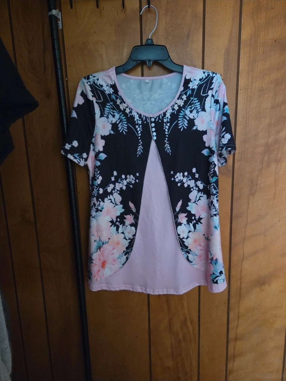 SHEIN Pink and Black Floral Layered-Look Short Sleeve Top